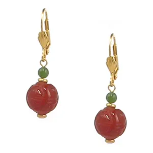10% OFF- 2 pcs Certified Natural Jadeite Emerald A*Jade HandCarved A Pair of Longevity Red Green Jade Leverback Drop Earrings 1.75"