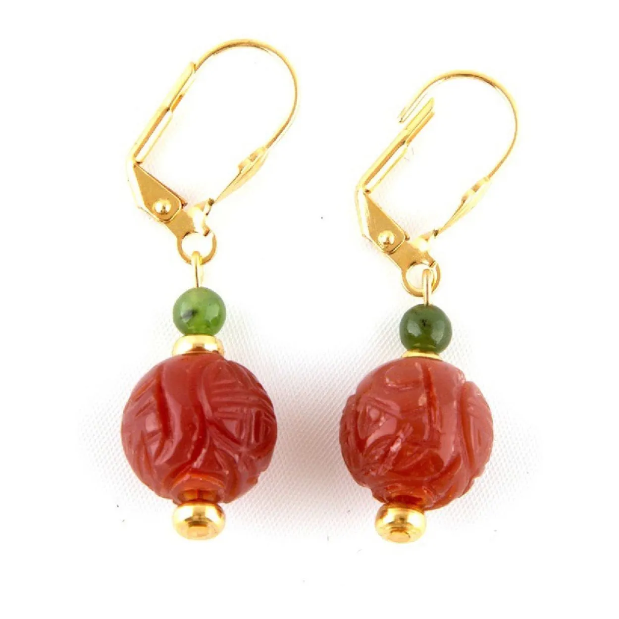 10% OFF- 2 pcs Certified Natural Jadeite Emerald A*Jade HandCarved A Pair of Longevity Red Green Jade Leverback Drop Earrings 1.75"