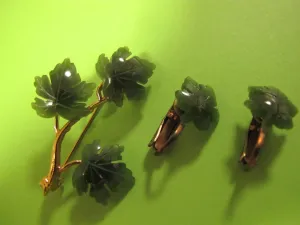 10% OFF- 3 pcs-Certified Natural Jadeite Emerald A*Jade Handcarved A Pair of Lucky Maple Leaf Jade Stud Earrings with Pin Vintage Set