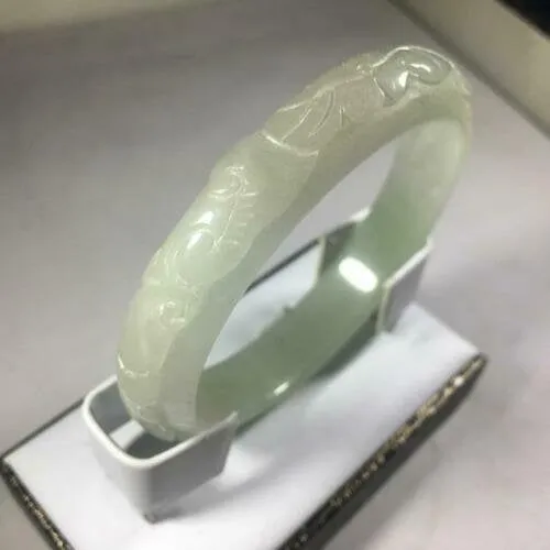 10% OFF- 55/56/57mm Certified Natural Light Green Jadeite Emerald A*Jade HandCarved Ruyi Flower-Money Coin Bracelet Bangle GX3148