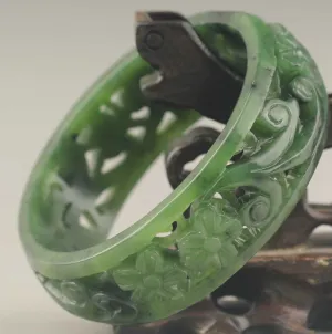10% OFF- 59/60/61mm Certified Chinese Natural Green Hetian Emerald A*Jade HandCaved Flower Hollowed Out Bangle A1940