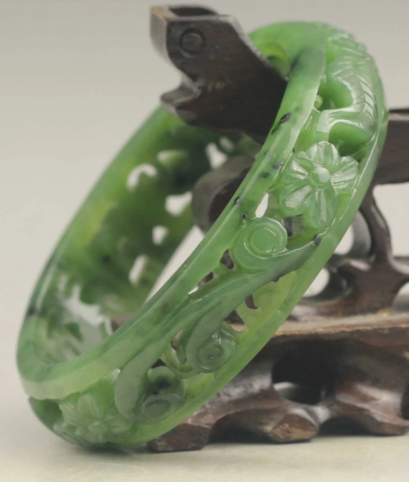 10% OFF- 61/62/63mm Certified Chinese Natural Green Hetian Emerald A*Jade HandCaved Flower Hollowed Out Bangle NO.E691