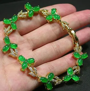 10% OFF- 6.8in Certified Natural Jadeite Emerald A Jade Carved Cabochon Bead Flower Bracelet EB3274484
