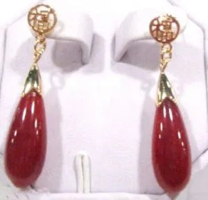 10% OFF- A Pair of Certified Natural Jadeite Emerald A*Jade HandCarved A Pair of Genuine 25X5 Red Jade 18K YGP Good Fortune Earrings