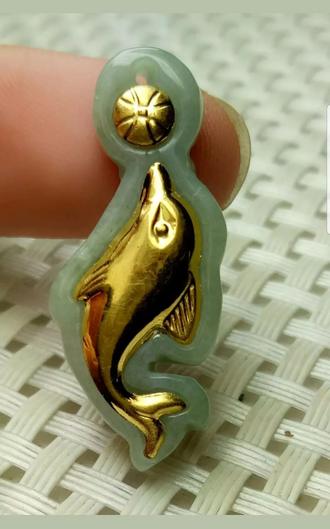 10% OFF- Certified Natural Gold Jadeite Emerald A Jade Handcrafted Dolphin Pendant A5143