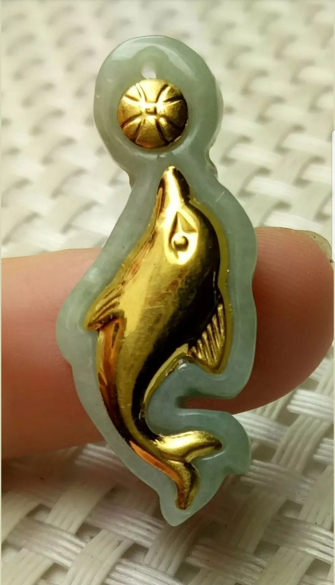 10% OFF- Certified Natural Gold Jadeite Emerald A Jade Handcrafted Dolphin Pendant A5143