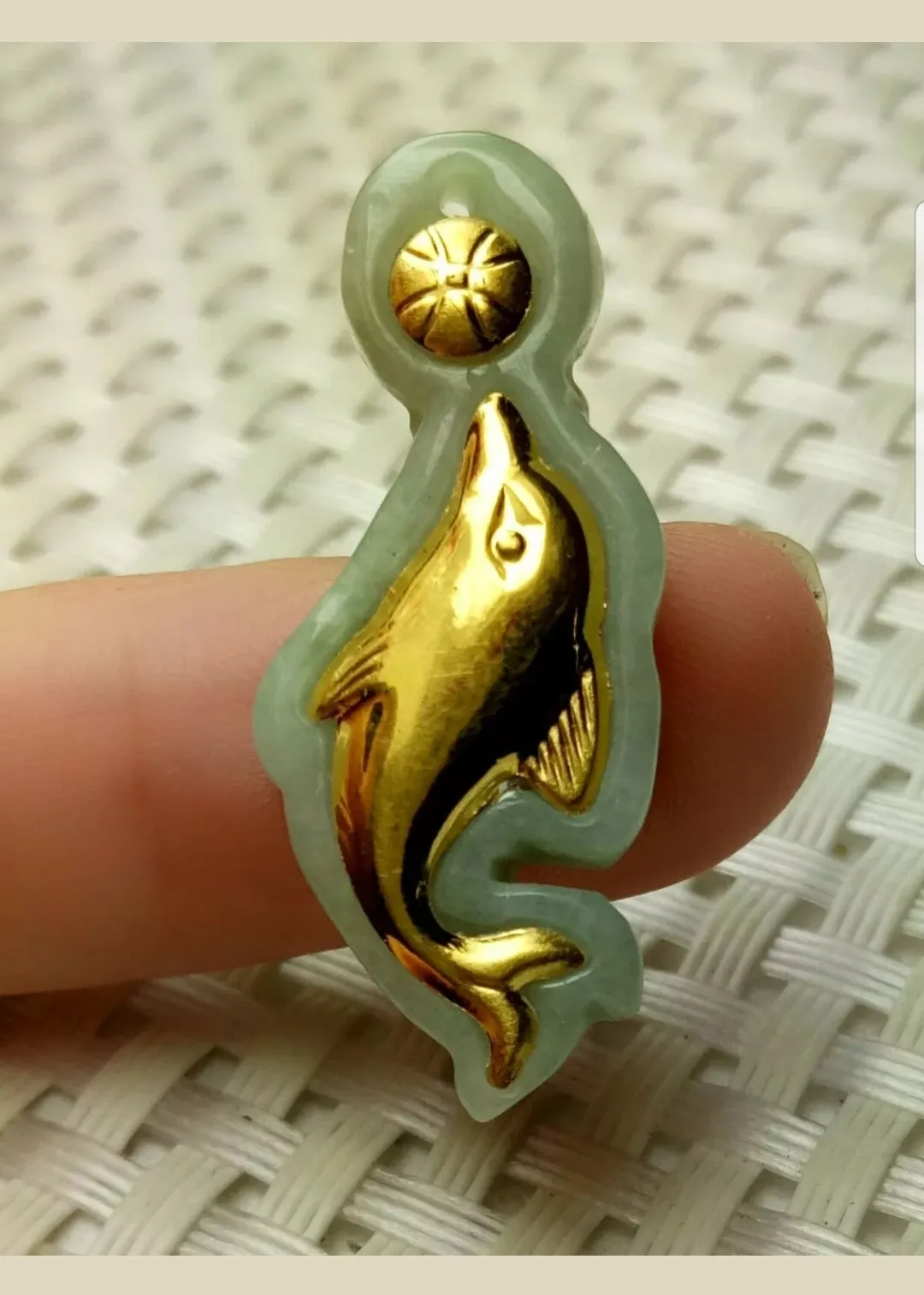10% OFF- Certified Natural Gold Jadeite Emerald A Jade Handcrafted Dolphin Pendant A5143