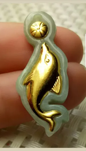 10% OFF- Certified Natural Gold Jadeite Emerald A Jade Handcrafted Dolphin Pendant A5143