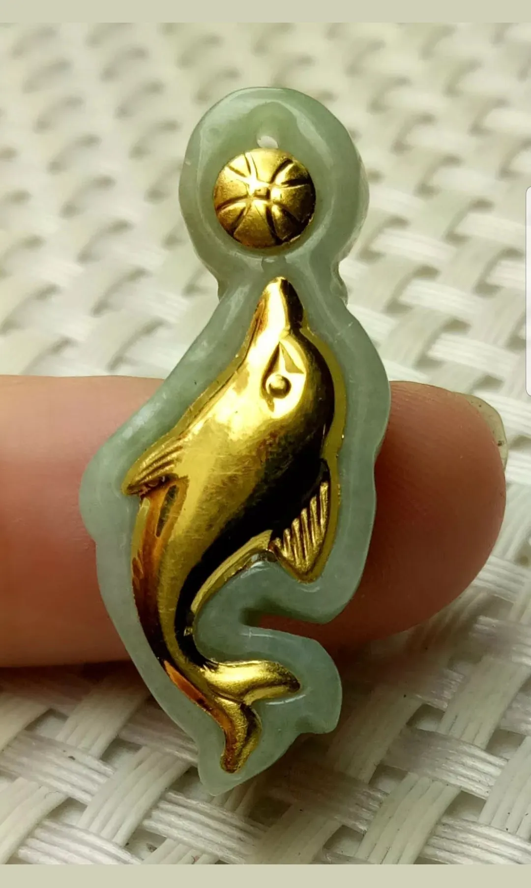 10% OFF- Certified Natural Gold Jadeite Emerald A Jade Handcrafted Dolphin Pendant A5143