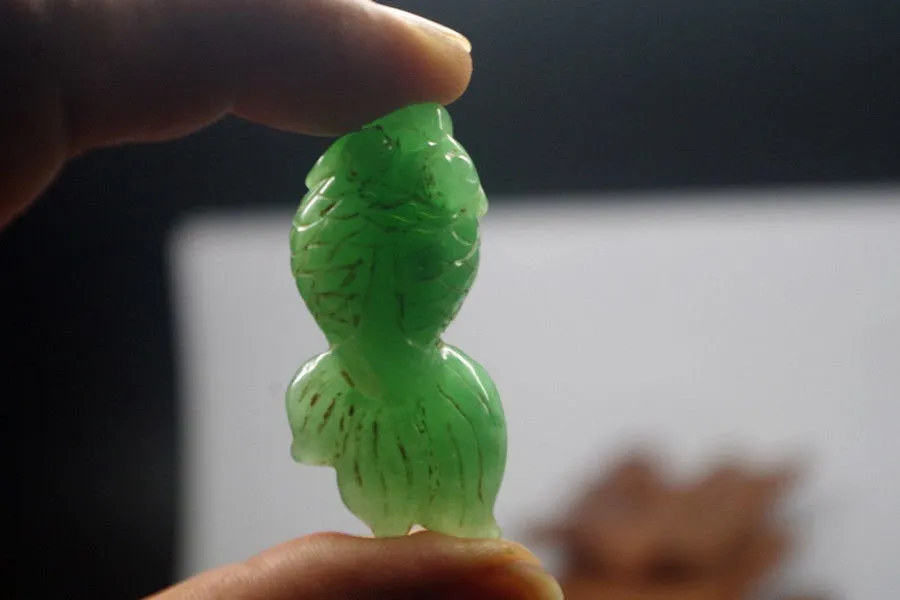 10% OFF- Certified Natural Jadeite Emerald A*Jade HandCarved Gold Fish Pendant XB-281