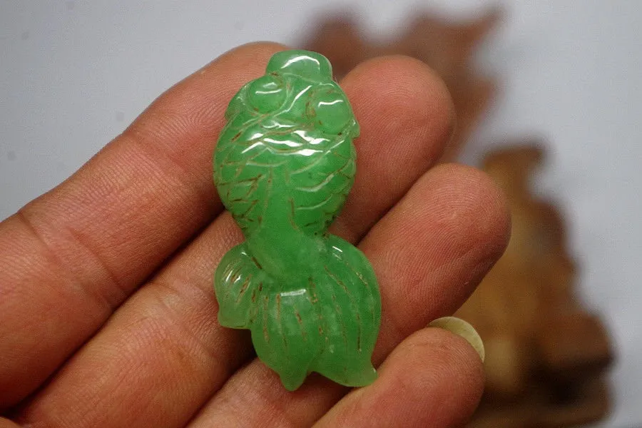 10% OFF- Certified Natural Jadeite Emerald A*Jade HandCarved Gold Fish Pendant XB-281
