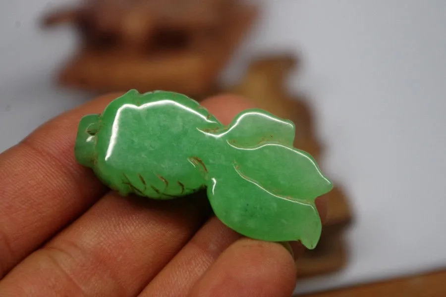 10% OFF- Certified Natural Jadeite Emerald A*Jade HandCarved Gold Fish Pendant XB-281
