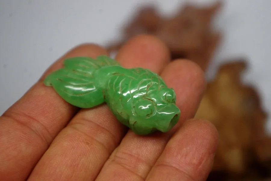 10% OFF- Certified Natural Jadeite Emerald A*Jade HandCarved Gold Fish Pendant XB-281
