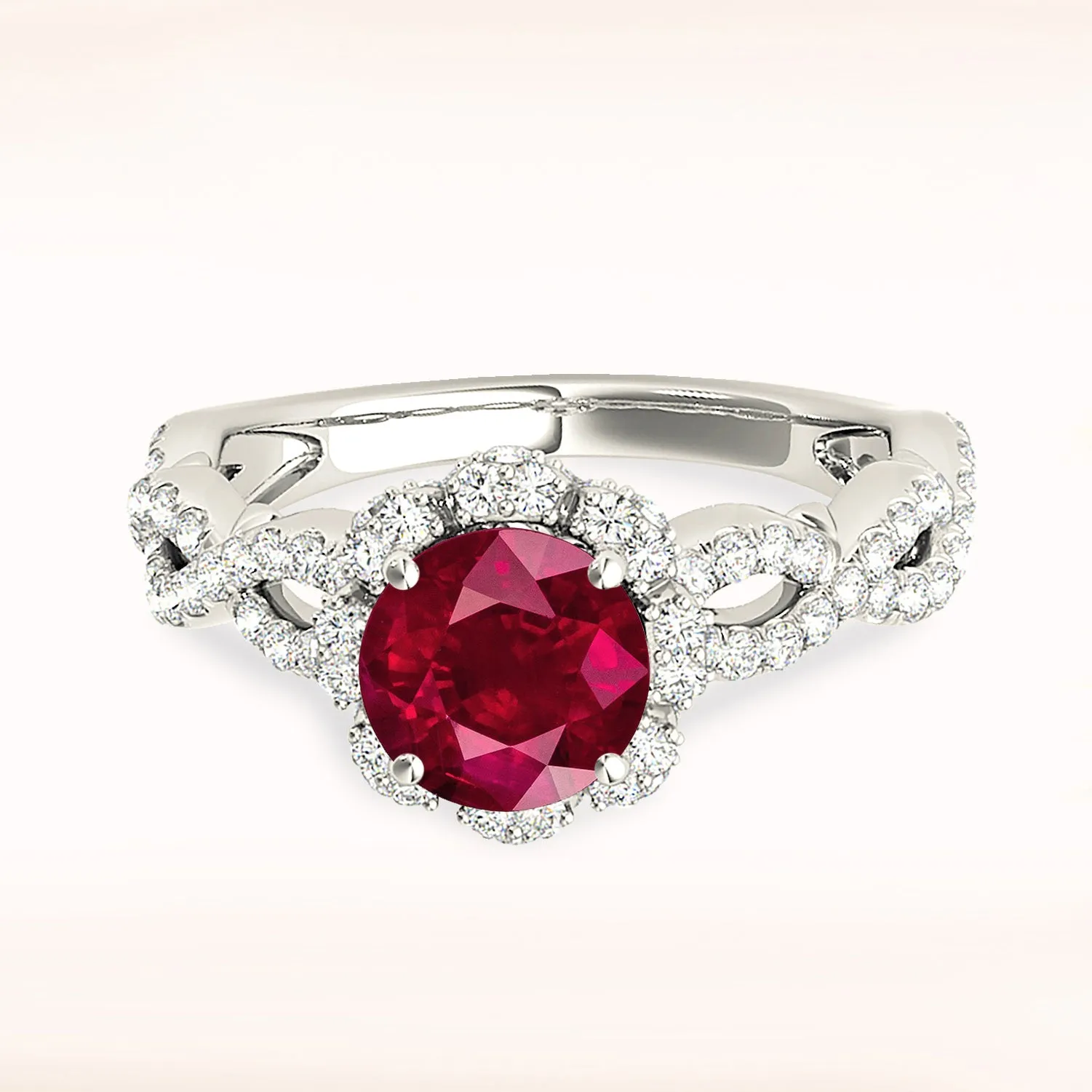 1.35 ct. Genuine Ruby Ring With Floral Halo And Open Braid Diamond Band