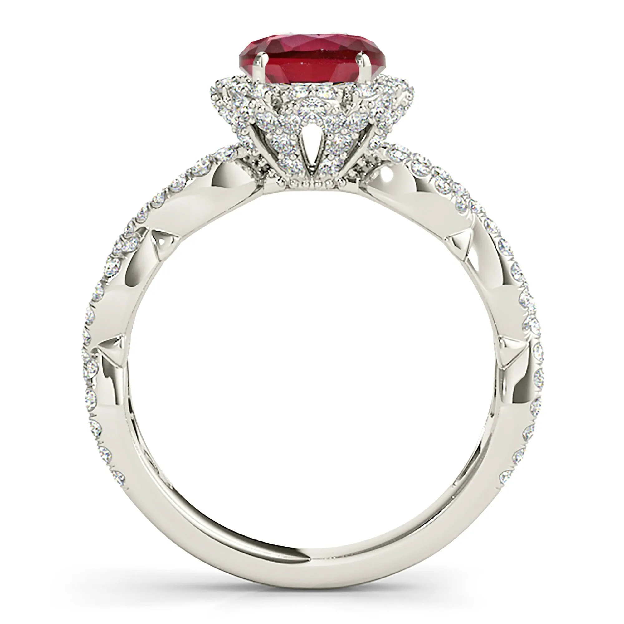 1.35 ct. Genuine Ruby Ring With Floral Halo And Open Braid Diamond Band