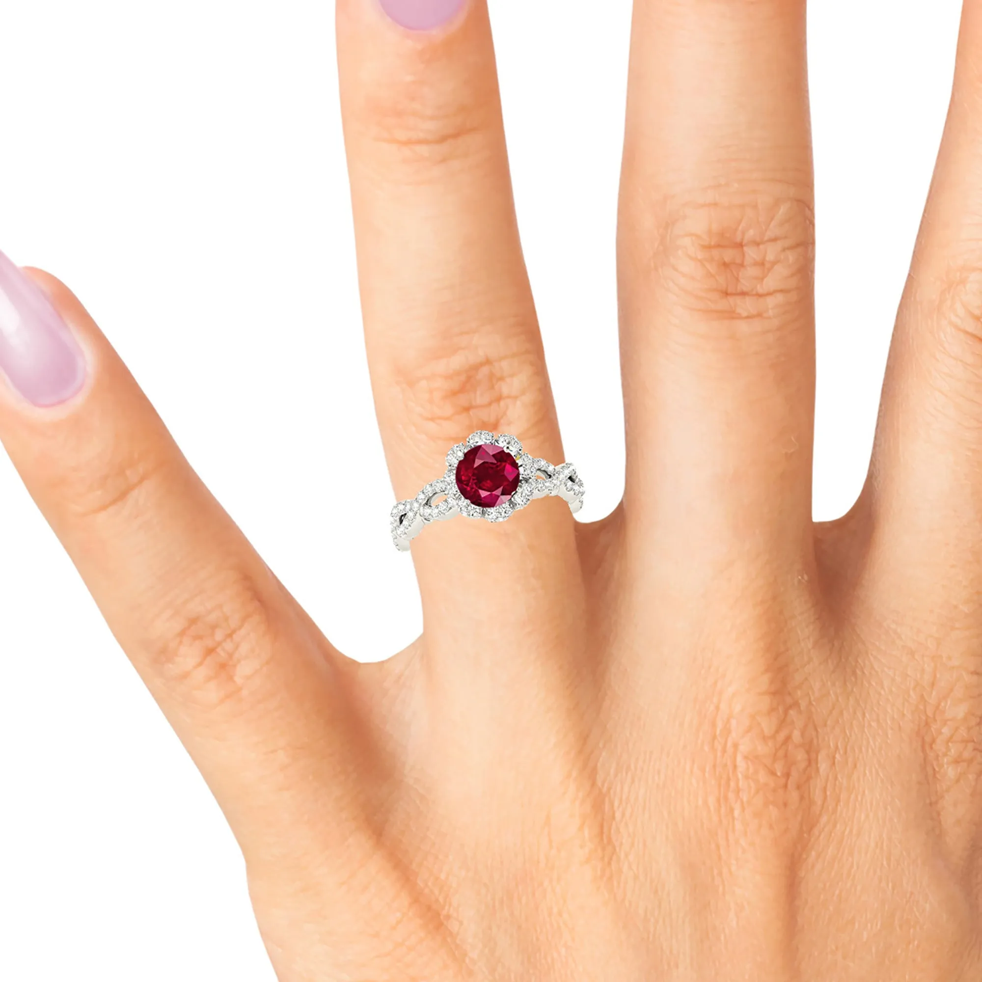 1.35 ct. Genuine Ruby Ring With Floral Halo And Open Braid Diamond Band