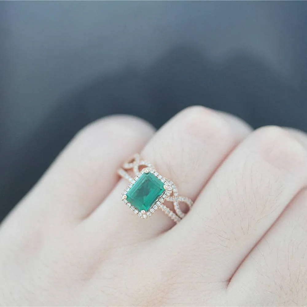 14K Gold Emerald Cut Green Diamond Wedding Ring Set