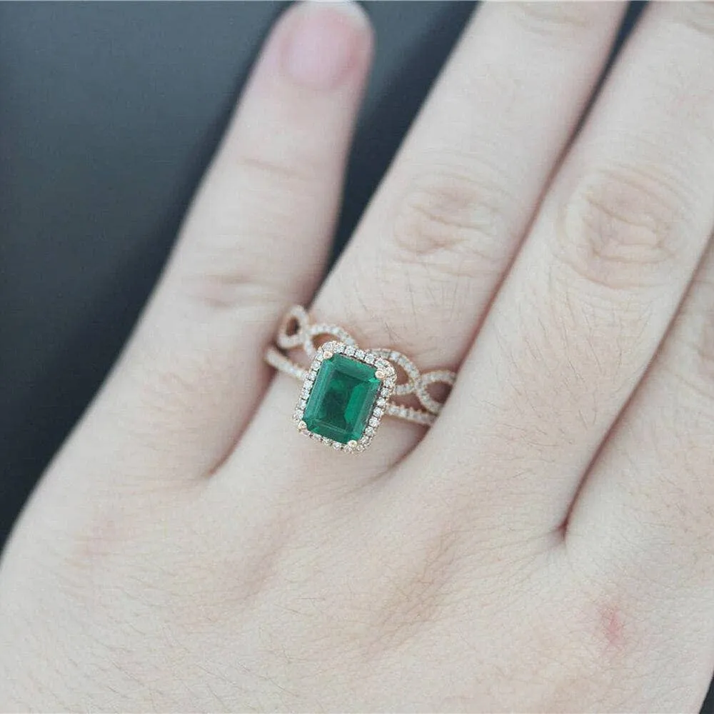 14K Gold Emerald Cut Green Diamond Wedding Ring Set