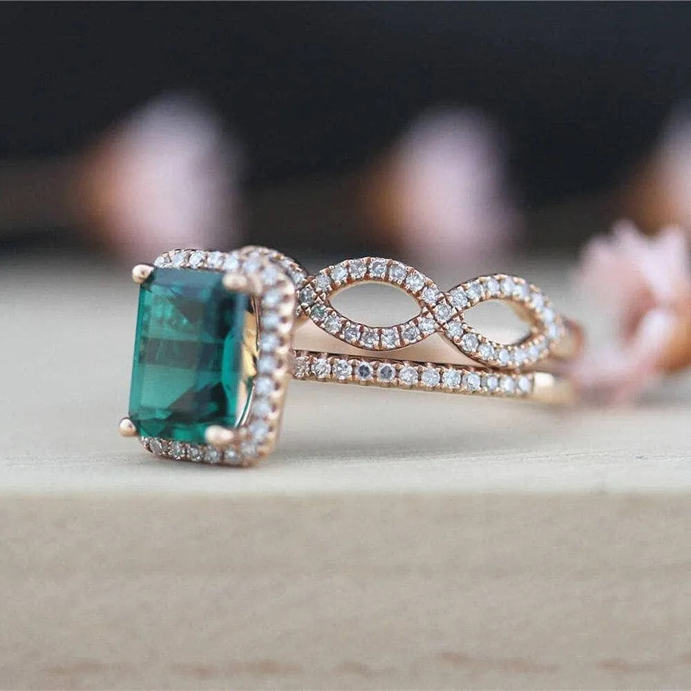 14K Gold Emerald Cut Green Diamond Wedding Ring Set