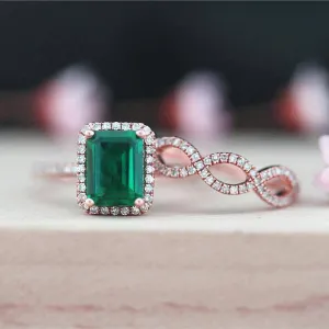 14K Gold Emerald Cut Green Diamond Wedding Ring Set