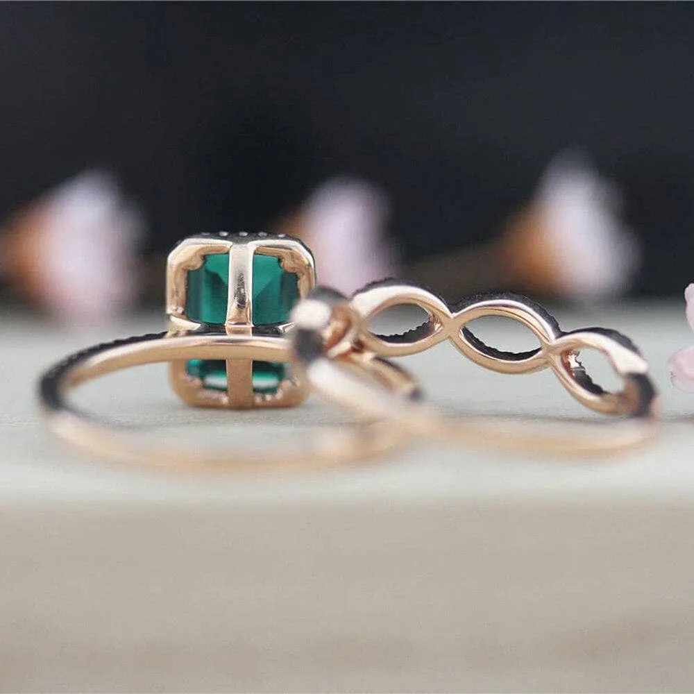 14K Gold Emerald Cut Green Diamond Wedding Ring Set
