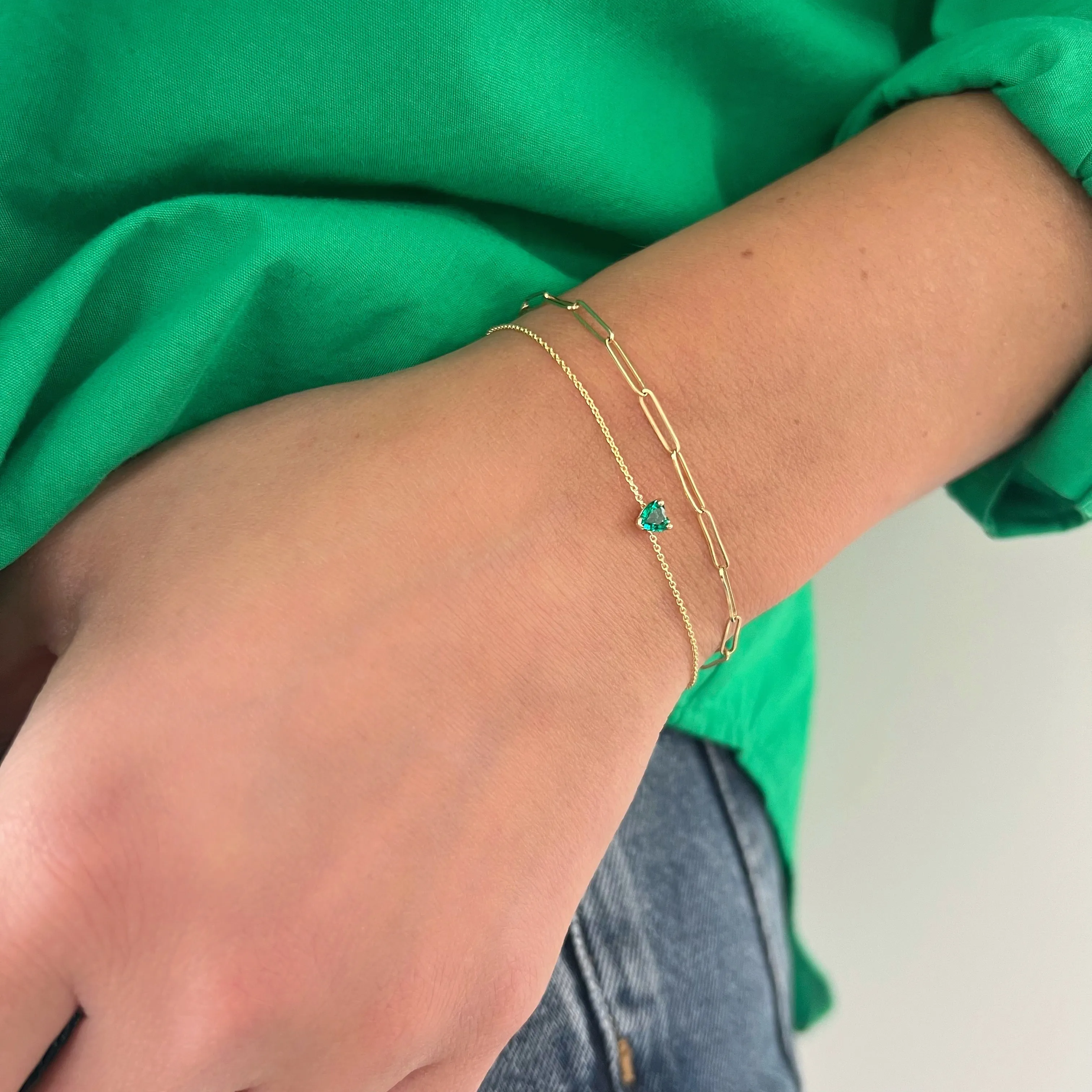 14K Gold Emerald Gemstone Heart Bracelet