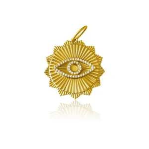 14KT Gold Diamond Scalloped Disk Evil Eye Pendant Charm