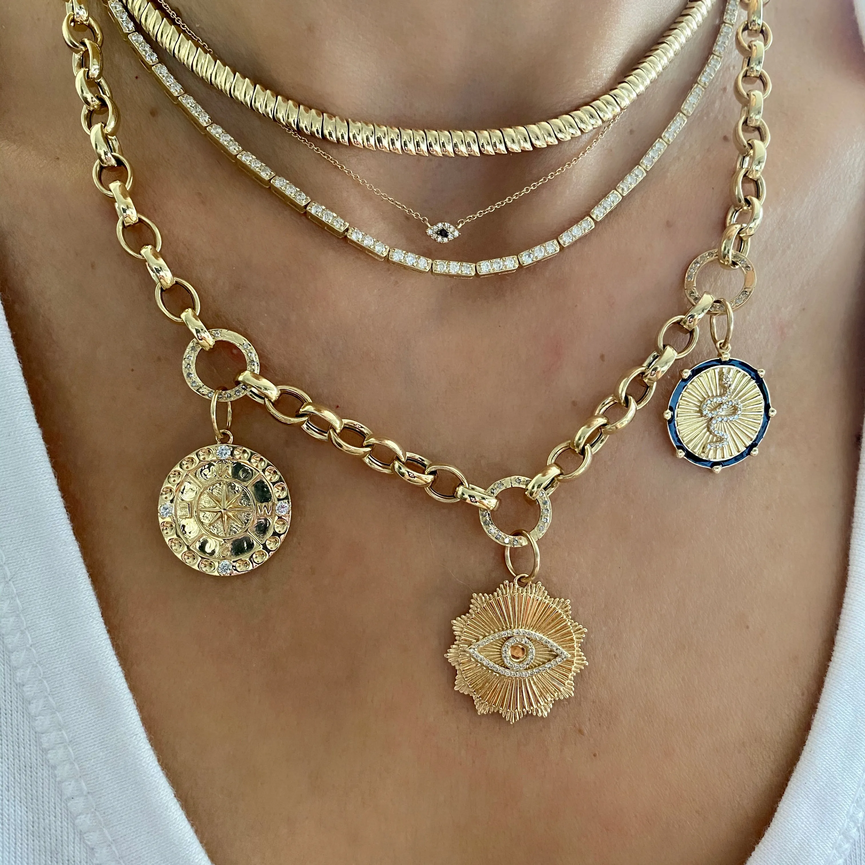14KT Gold Diamond Scalloped Disk Evil Eye Pendant Charm