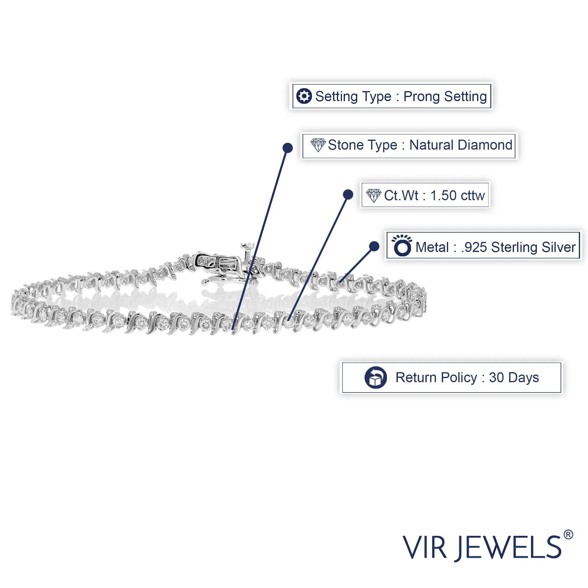 1.50 cttw S Link Diamond Tennis Bracelets in Sterling Silver
