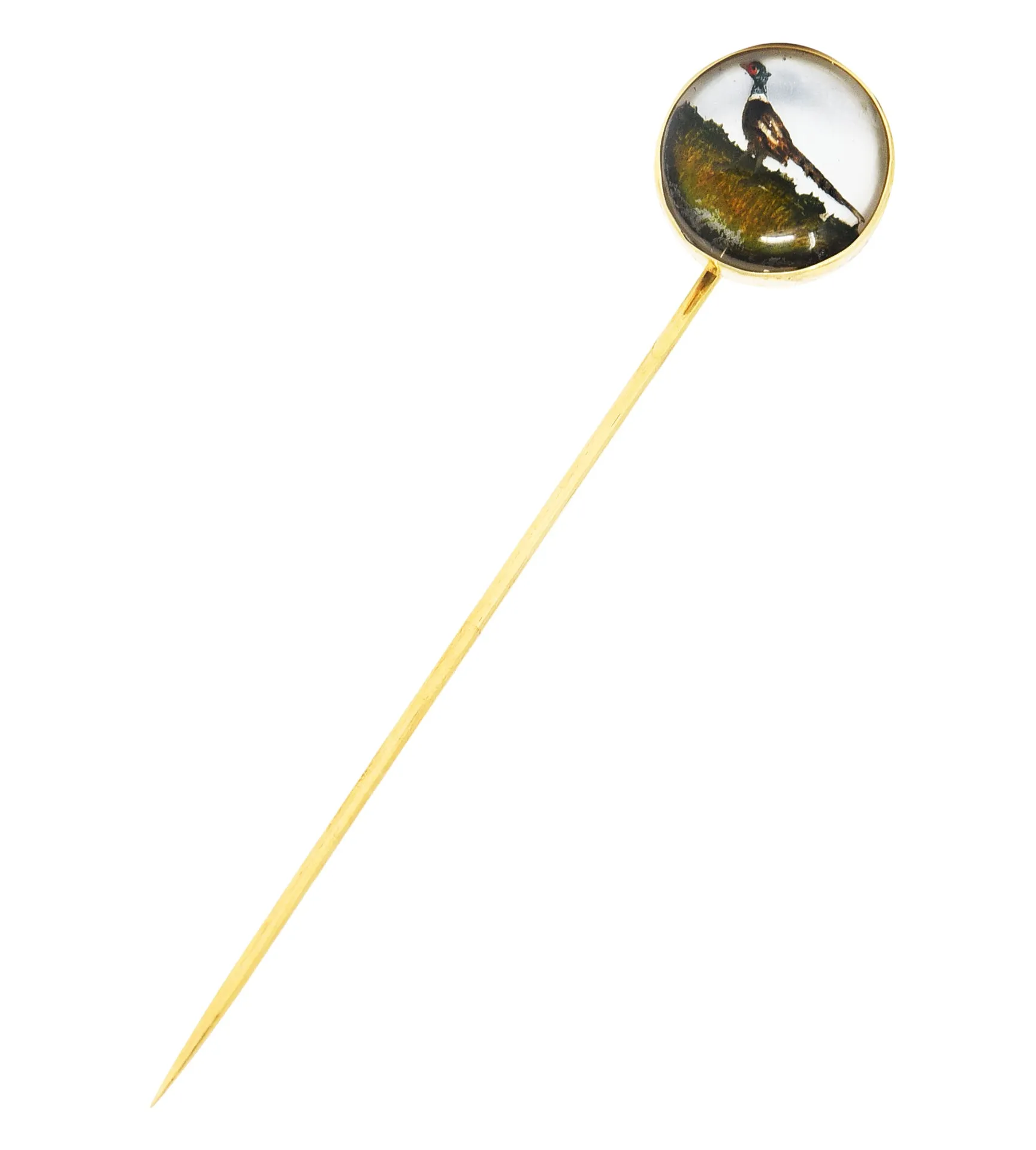 1880's Victorian Reverse Carved Rock Crystal Quartz 14 Karat Gold Pheasant Essex Crystal Stickpin