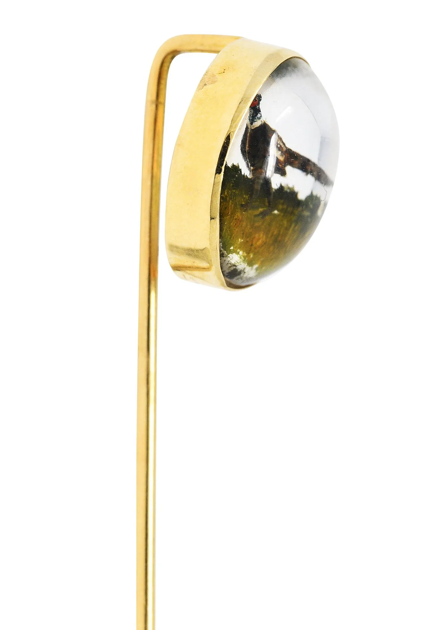 1880's Victorian Reverse Carved Rock Crystal Quartz 14 Karat Gold Pheasant Essex Crystal Stickpin