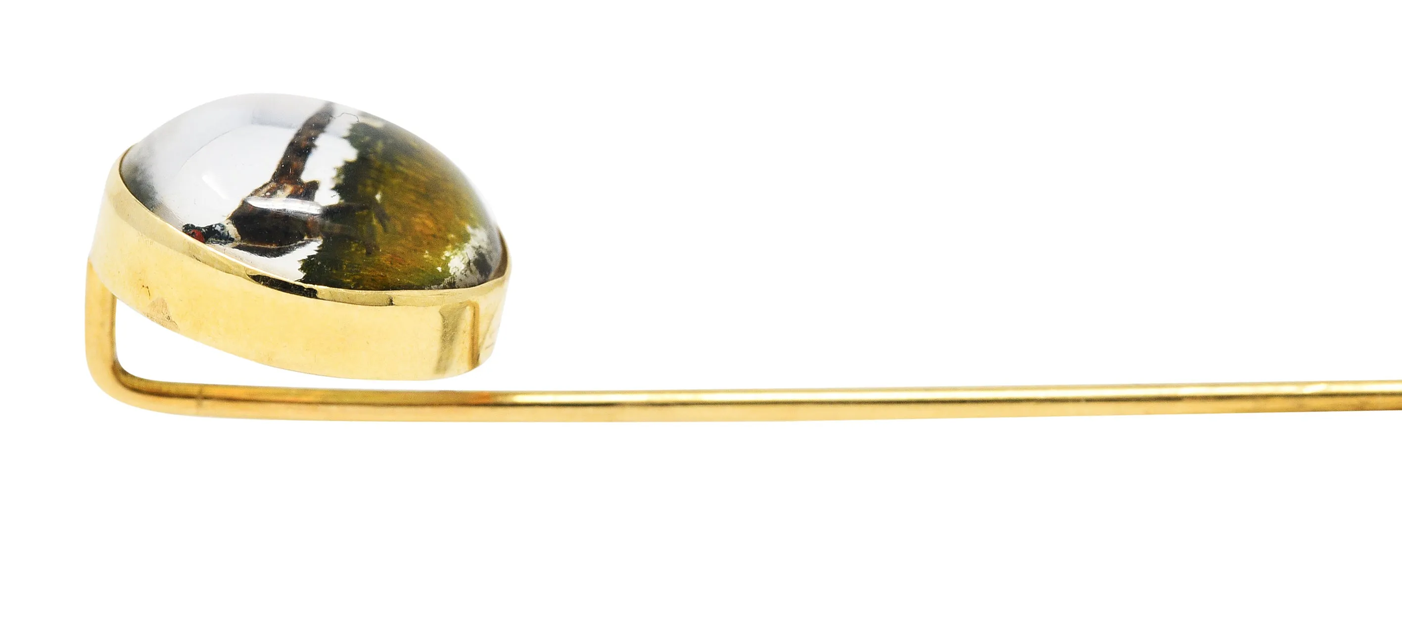 1880's Victorian Reverse Carved Rock Crystal Quartz 14 Karat Gold Pheasant Essex Crystal Stickpin