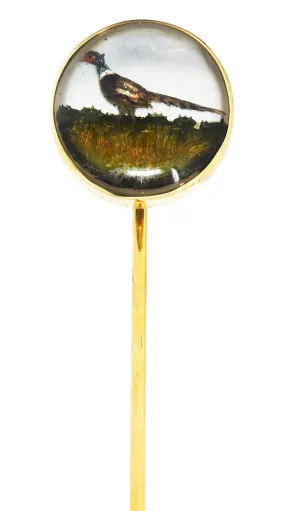 1880's Victorian Reverse Carved Rock Crystal Quartz 14 Karat Gold Pheasant Essex Crystal Stickpin