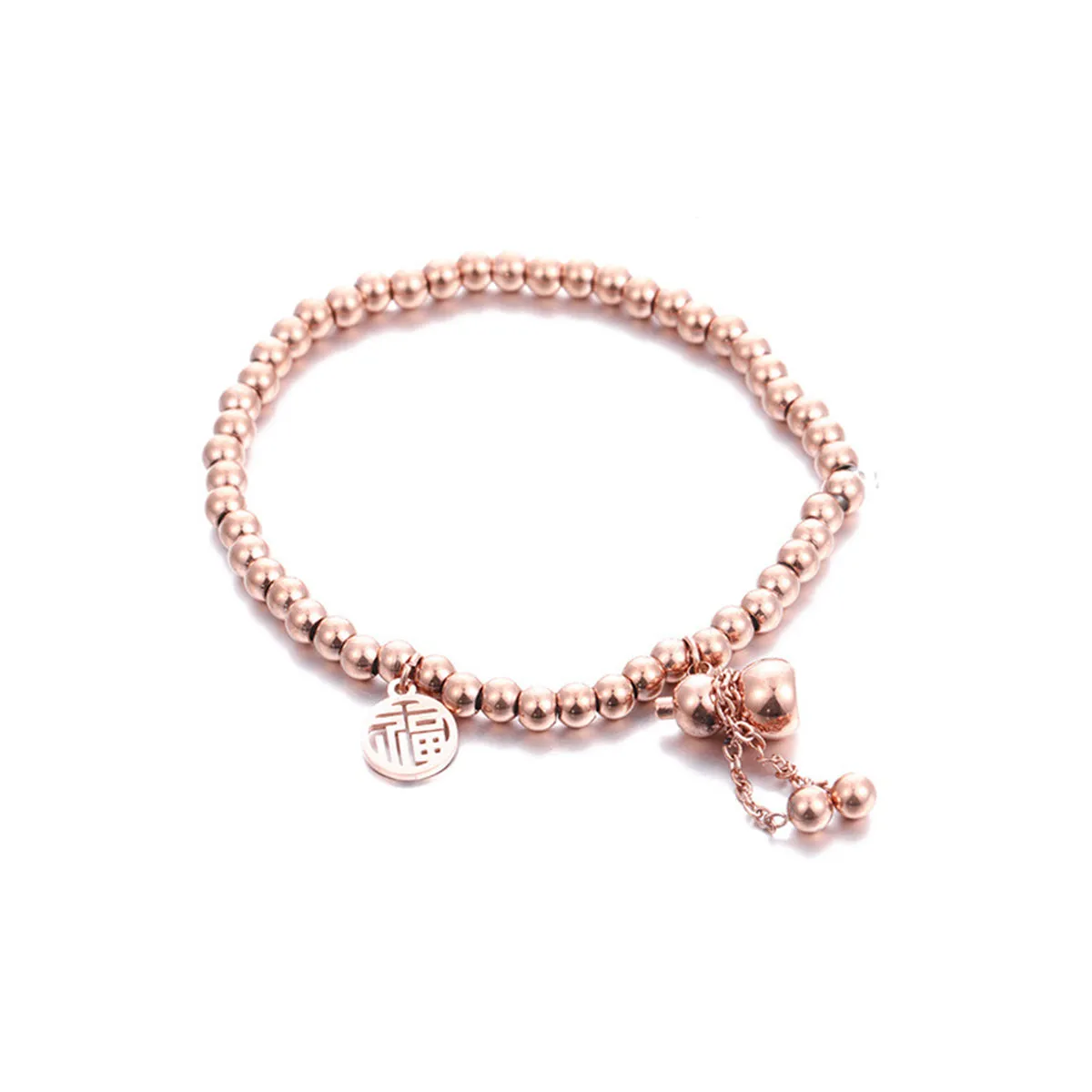 18K Rose Gold Calabash & Chinese Letter Charm Stretch Bracelet