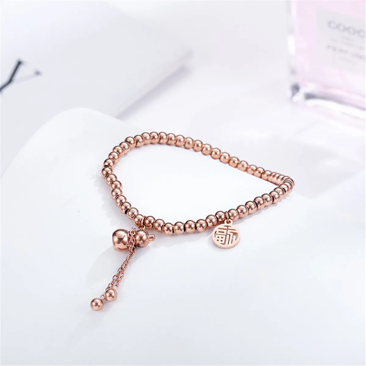 18K Rose Gold Calabash & Chinese Letter Charm Stretch Bracelet