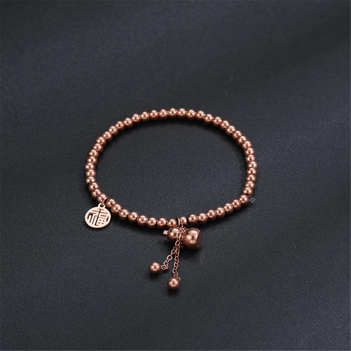 18K Rose Gold Calabash & Chinese Letter Charm Stretch Bracelet
