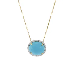 18KT Yellow Gold Oval Turquoise And Diamond Pendant Necklace