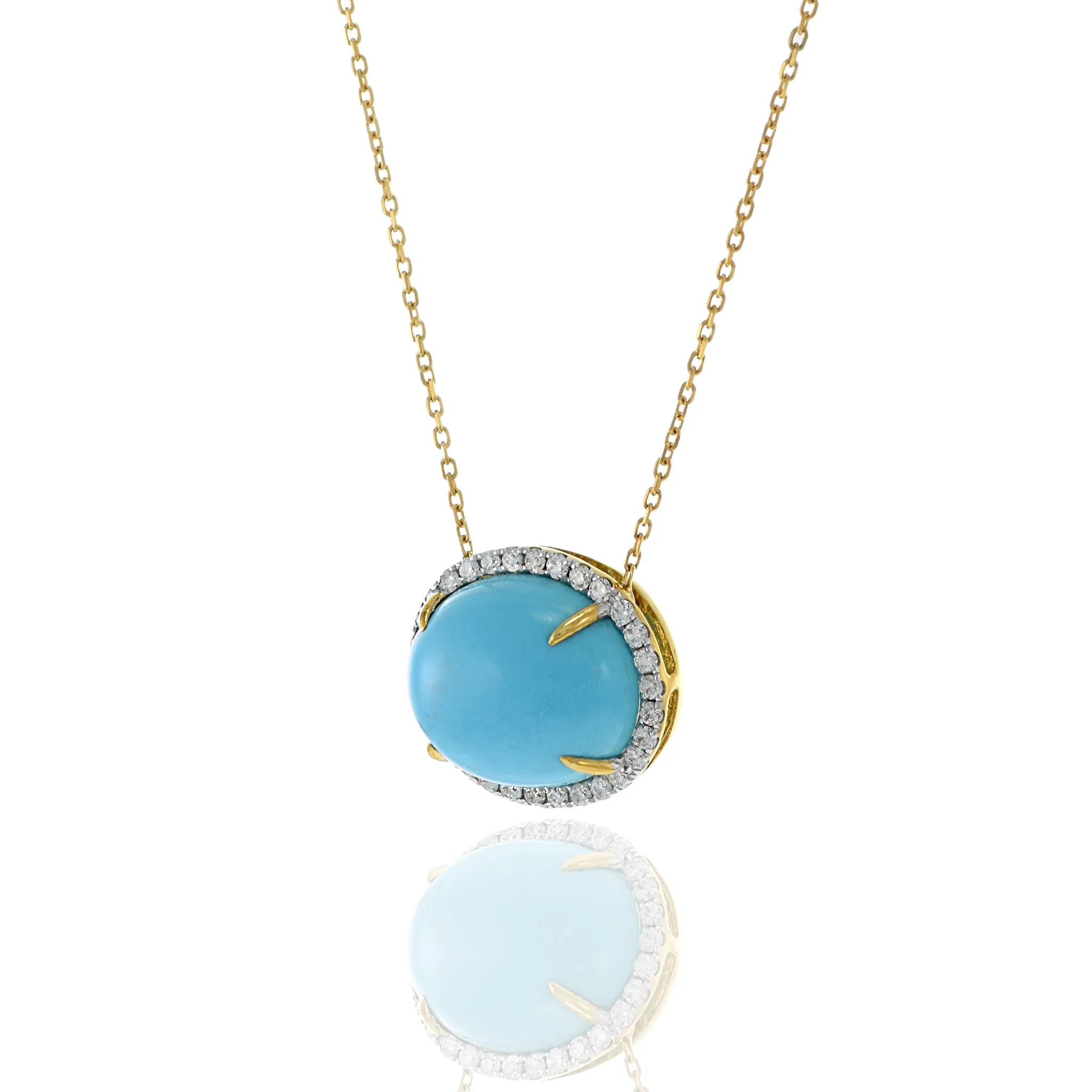 18KT Yellow Gold Oval Turquoise And Diamond Pendant Necklace