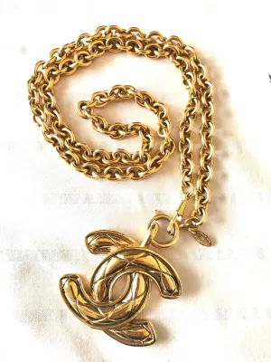 1990s. Vintage CHANEL long chain necklace with extra large matelasse CC mark pendant top.  Can be worn in double.  Gorgeous and classic jewelry piece.