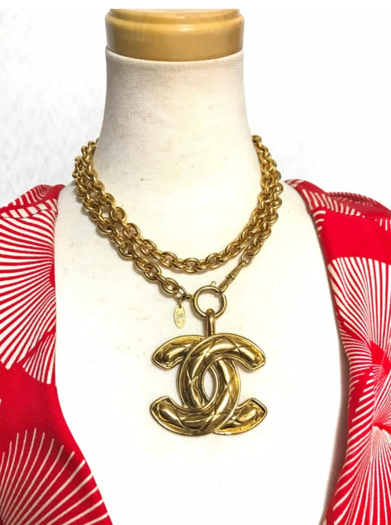 1990s. Vintage CHANEL long chain necklace with extra large matelasse CC mark pendant top.  Can be worn in double.  Gorgeous and classic jewelry piece.