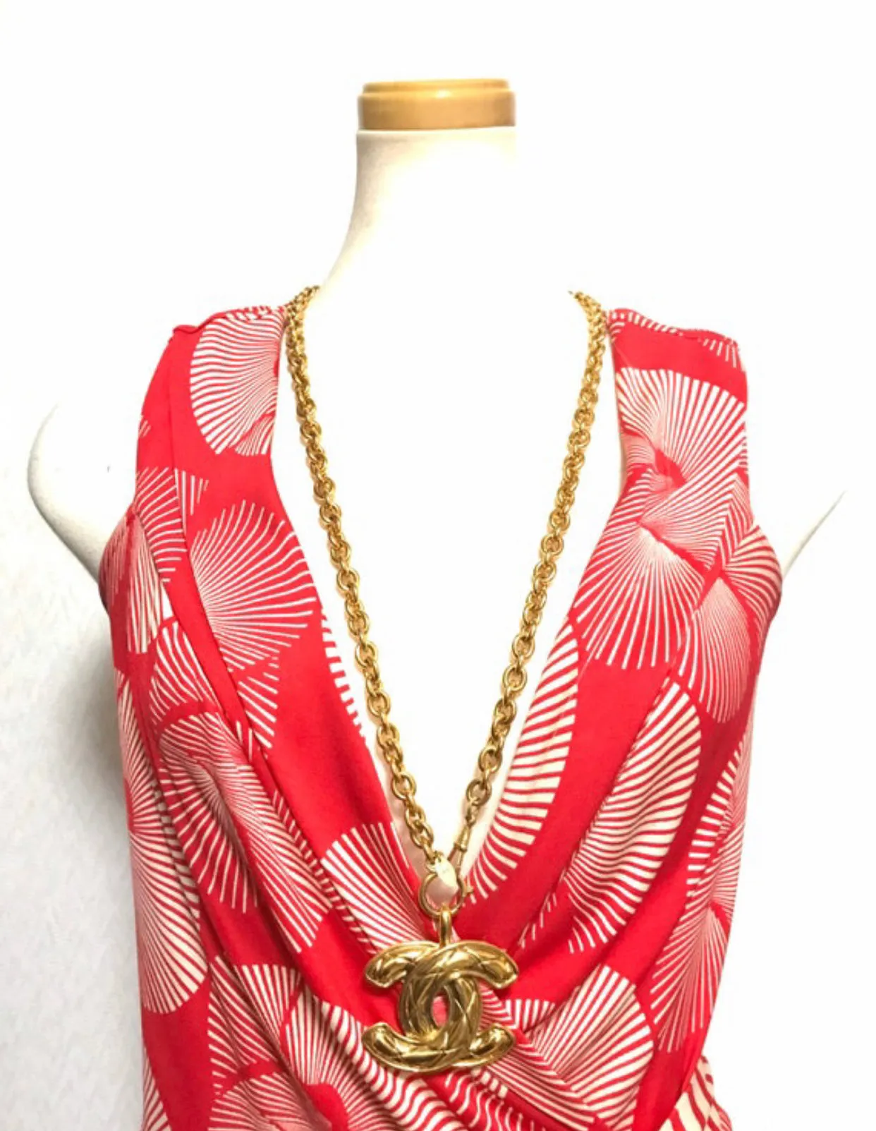 1990s. Vintage CHANEL long chain necklace with extra large matelasse CC mark pendant top.  Can be worn in double.  Gorgeous and classic jewelry piece.