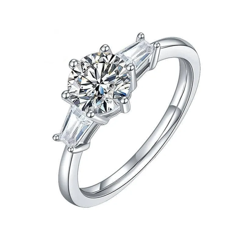 1ct D Color Round Diamond W/ Tapered Baguette Engagement Ring
