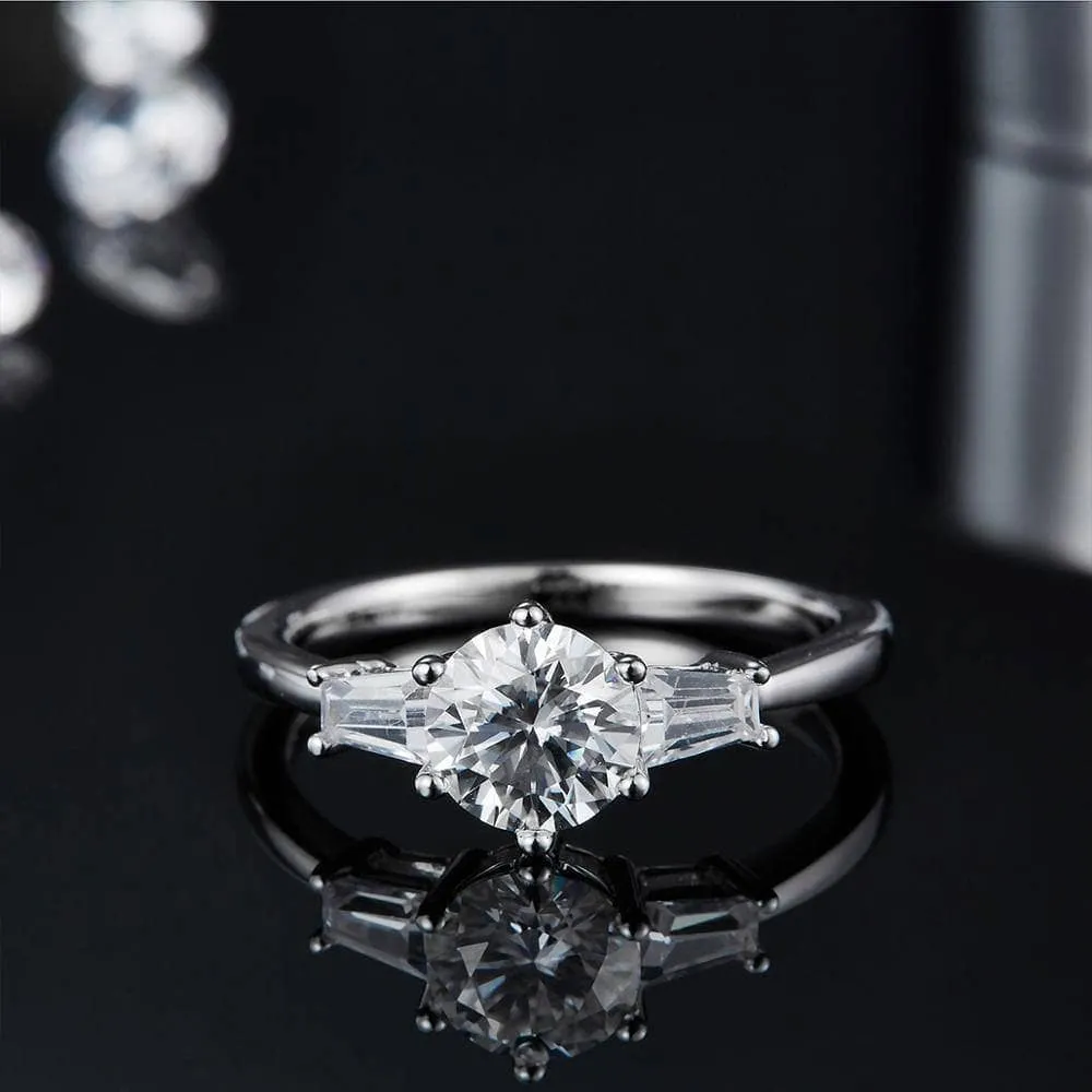 1ct D Color Round Diamond W/ Tapered Baguette Engagement Ring