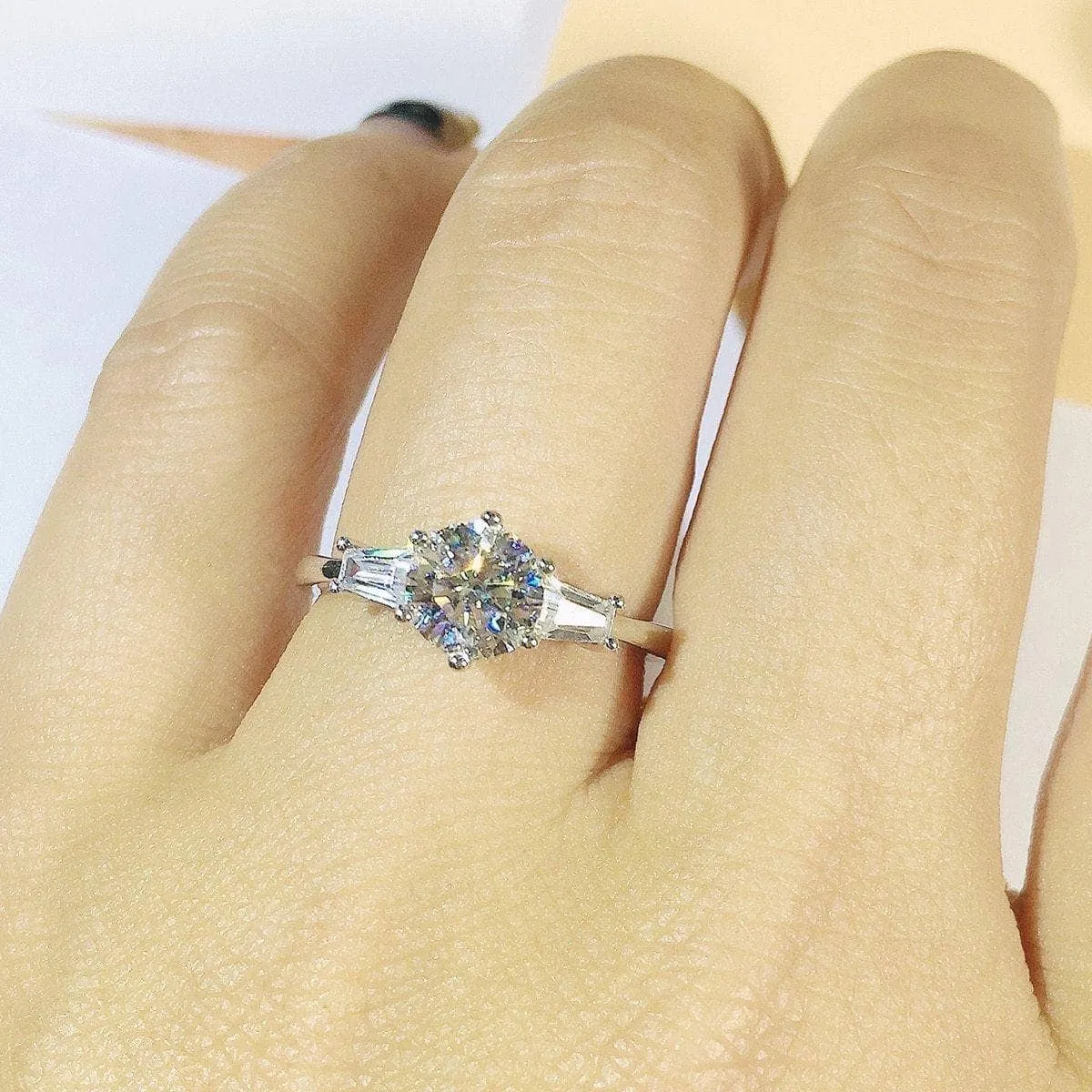 1ct D Color Round Diamond W/ Tapered Baguette Engagement Ring