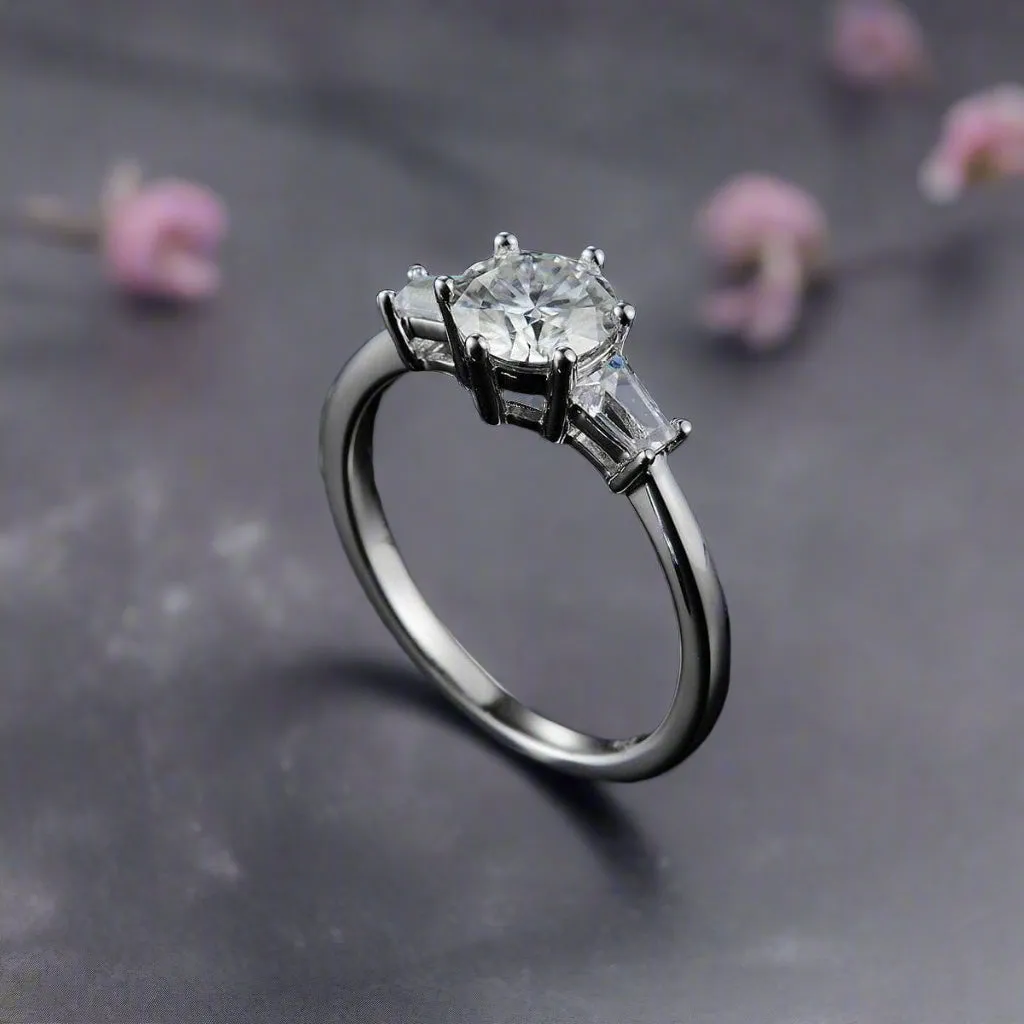 1ct D Color Round Diamond W/ Tapered Baguette Engagement Ring