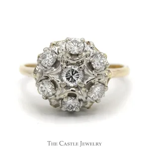 1cttw 7 Round Diamond Cluster Ring with Starburst Design in 14k Yellow Gold