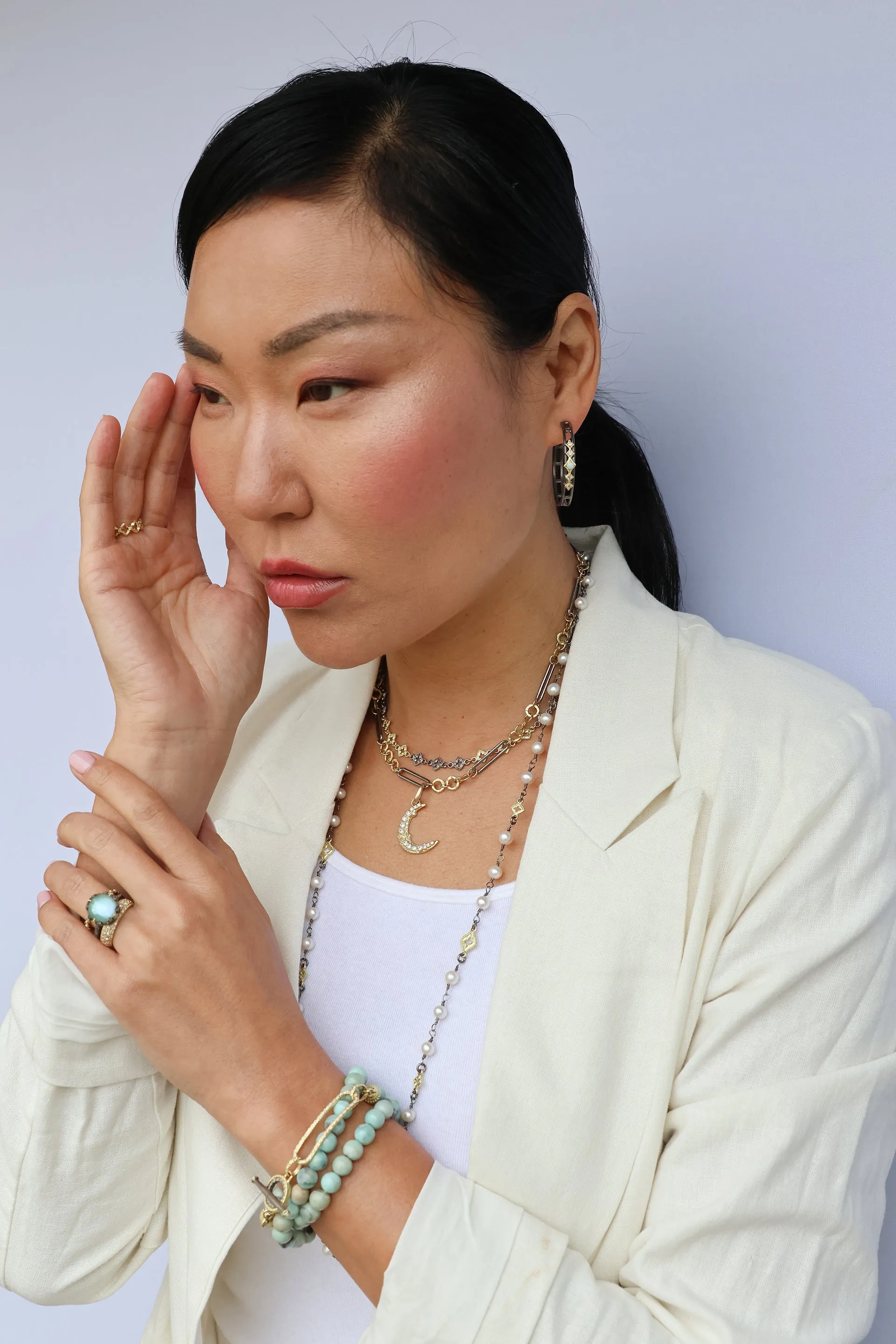 20.5" TURQUOISE AND TAHITIAN PEARLS PAPERCLIP TRIPLE WRAP BRACELET