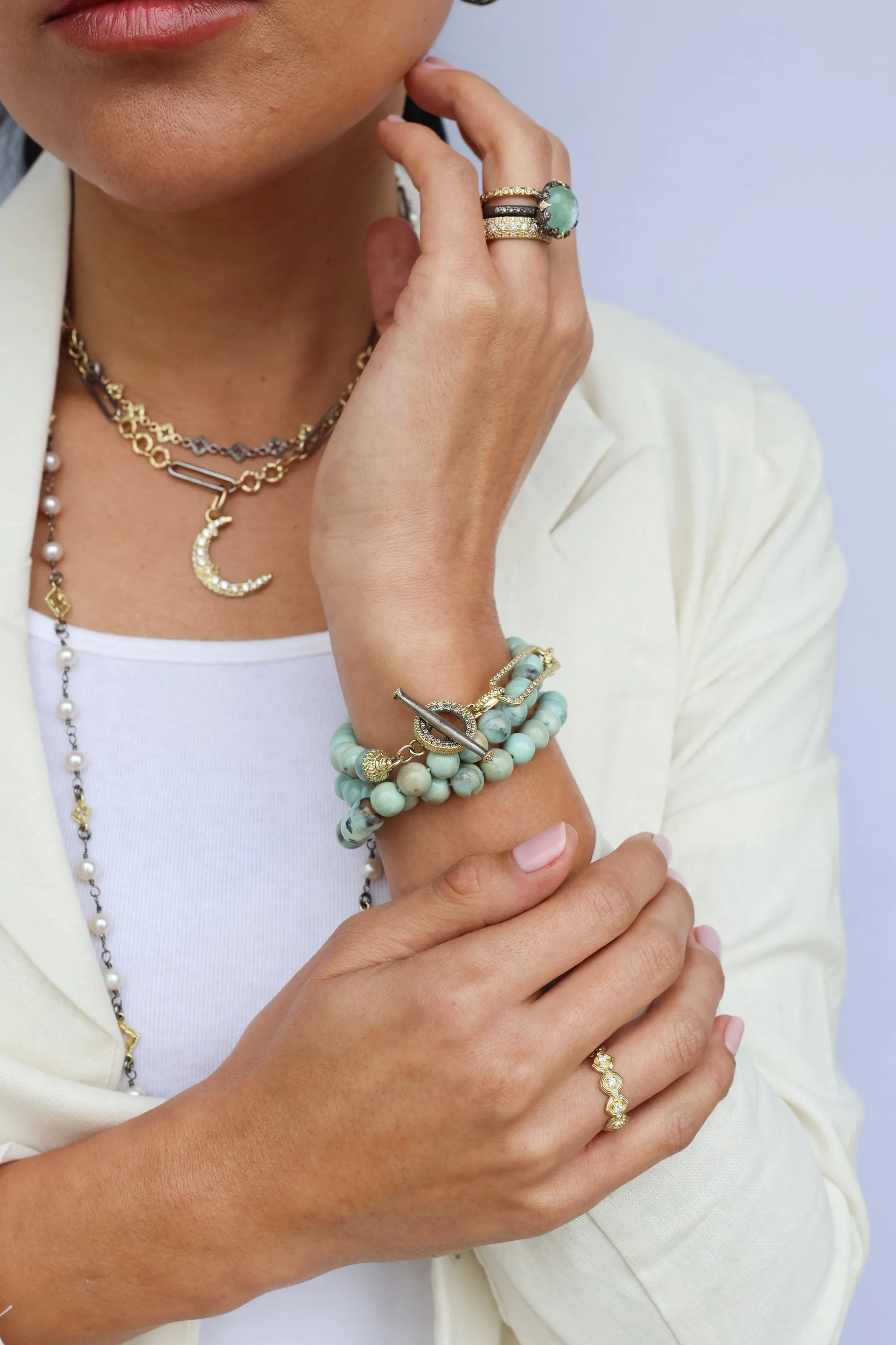 20.5" TURQUOISE AND TAHITIAN PEARLS PAPERCLIP TRIPLE WRAP BRACELET