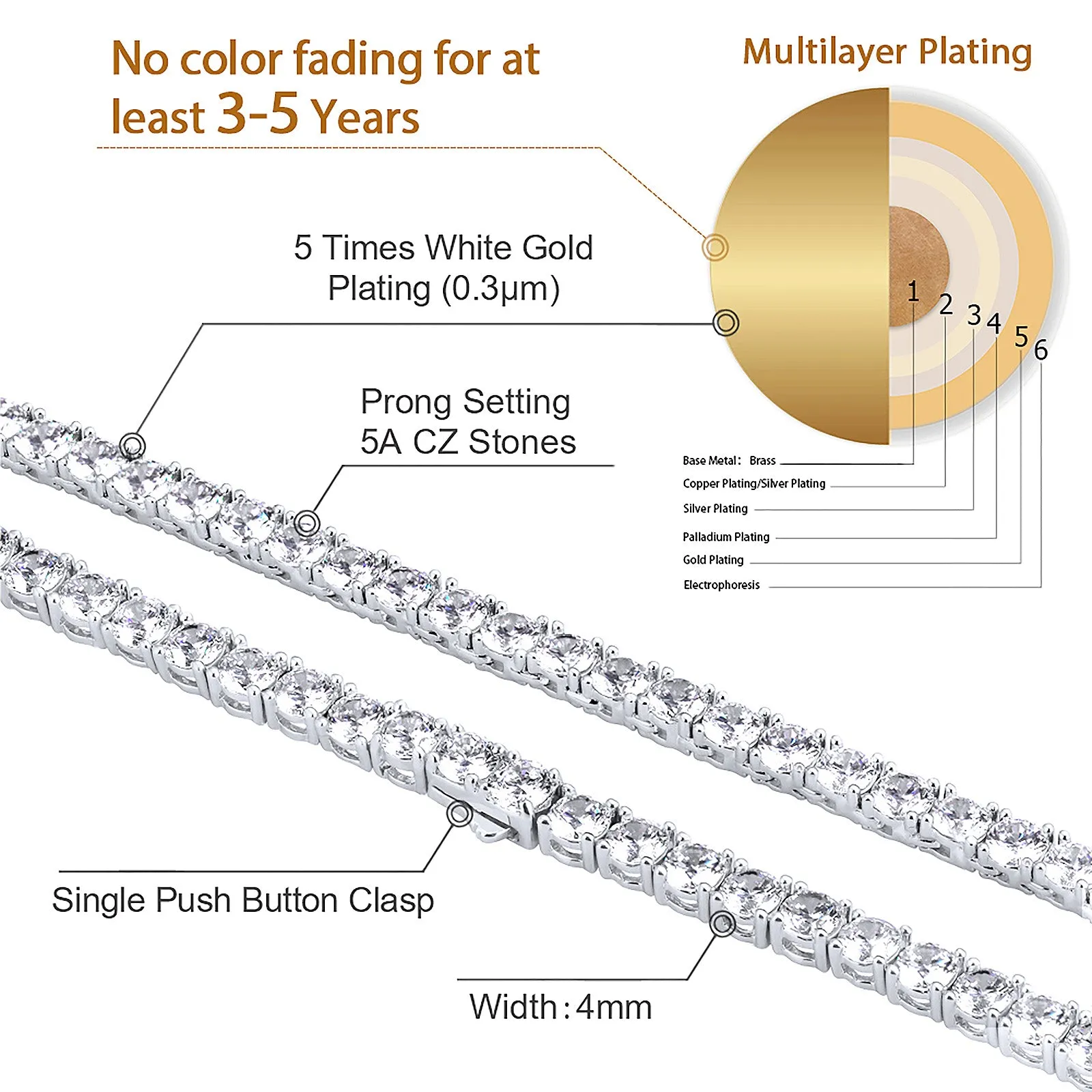 4mm White Gold CZ Diamond Mens Tennis Chain Necklace 50% OFF