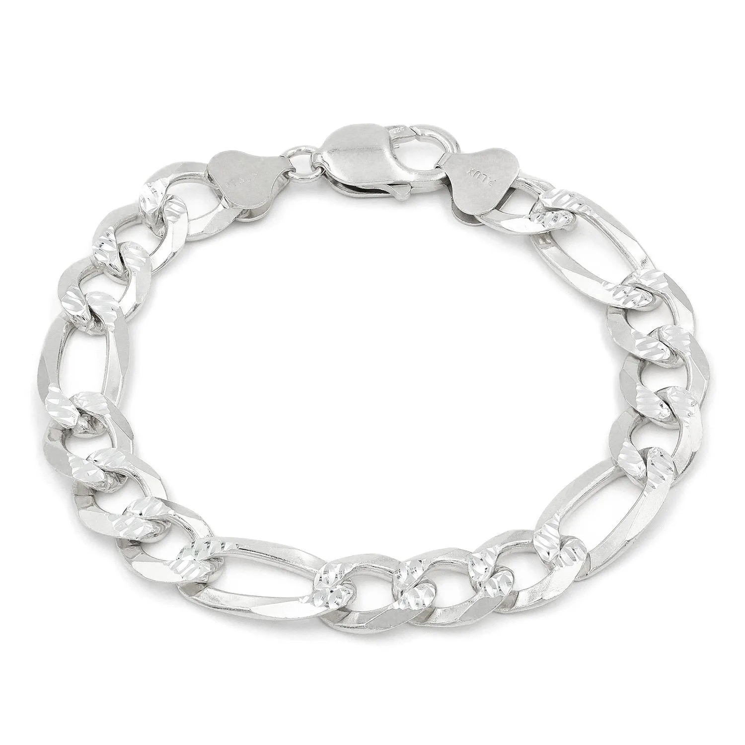 925 Sterling Silver Solid Figaro 10.5mm Diamond Cut Pave ITProLux Link Bracelet